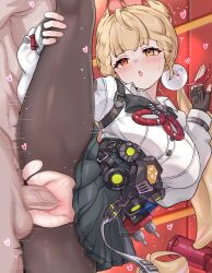 1boy 1girl :o absurdres alice_thymefield animal_ears black_skirt blonde_hair blush breasts commentary_request daram_(shappydude) fingerless_gloves gloves hand_on_own_leg heart hetero heterochromia highres indoors korean_commentary large_breasts large_variant_set long_hair orange_eyes pantyhose penis pleated_skirt red_eyes revision sex shirt skirt split standing standing_on_one_leg standing_sex standing_split sweat torn_clothes torn_pantyhose uncensored vaginal variant_set white_shirt zenless_zone_zero