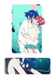 1boy 1girl amate_yuzuriha aqua_shirt aqua_skirt blue_hair closed_eyes cockpit commentary couple english_commentary gundam gundam_gquuuuuux hetero highres holding hug kiss long_sleeves multicolored_hair pilot pilot_chair piloting purple_hair red_eyes red_hair rhelia school_uniform shirt short_hair shuji_ito skirt spoilers sweater tank_top two-tone_hair white_shirt zeknova