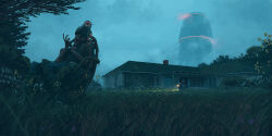 1boy 1girl decay flashlight flower grass head-mounted_display highres horror_(theme) house original robot science_fiction simon_stalenhag
