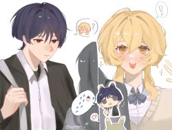 ! 1boy 1girl :3 alternate_costume animal_ears black_hair black_jacket black_undershirt blonde_hair blue_bow blunt_ends blush bow brown_sweater_vest cat_boy cat_ears chibi chibi_inset collared_shirt contemporary ear_blush genshin_impact hand_up highres jacket koyaaya lumine_(genshin_impact) notice_lines open_clothes open_jacket open_mouth parted_lips purple_eyes rabbit_ears rabbit_girl scaramouche_(genshin_impact) school_uniform shirt short_hair short_hair_with_long_locks sidelocks spoken_character spoken_exclamation_mark spoken_object sweater_vest teeth tongue tsurime upper_teeth_only white_background white_shirt wispy_bangs yellow_eyes
