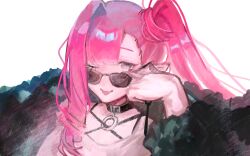 1girl akanbe baobhan_sith_(comiket_103)_(fate) baobhan_sith_(fate) choker coat commission commissioner_upload eyelid_pull fate/grand_order fate_(series) fur_coat grey_eyes hand_up highres long_hair looking_at_viewer non-web_source one_eye_closed pointy_ears resenri shirt side_ponytail smile sunglasses tongue tongue_out upper_body white_background white_shirt