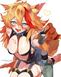 1girl ahoge animal_ears animal_hands between_breasts black_collar black_shorts breasts buffpup_(vtuber) cleavage collar cup dyarikku fang heart holding holding_cup large_breasts long_hair looking_at_viewer multicolored_hair open_mouth orange_hair red_hair shorts skin_fang smile solo spiked_collar spikes streaked_hair tongue tongue_out vchiban virtual_youtuber wolf_ears wolf_girl