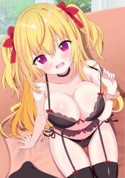 1girl absurdres bare_shoulders black_bra black_choker black_panties blonde_hair blurry blush bow bow_panties bra breasts choker cleavage collarbone commission depth_of_field fang garter_belt garter_straps gyaru hair_between_eyes hair_bow highres hiiragisensei large_breasts lingerie long_hair looking_at_viewer navel no_shoes open_mouth original panties pixiv_commission purple_eyes red_bow side-tie_panties solo thighhighs two_side_up underwear underwear_only