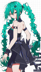 1girl absurdres alternate_costume alternate_hairstyle aqua_eyes aqua_hair arm_strap back bare_shoulders black_dress braid breasts cowboy_shot detached_collar dress grid_background hatsune_miku highres long_hair looking_at_viewer looking_back medium_breasts short_dress solo standing strapless strapless_dress tiandingfengren twin_braids very_long_hair vocaloid white_background wrist_cuffs
