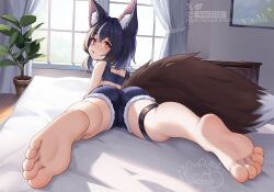 1girl animal_ear_fluff animal_ears bare_legs barefoot black_hair black_shorts black_sports_bra brown_tail chinese_commentary commission feet foot_focus foreshortening fur-trimmed_shorts fur_trim indoors legs looking_at_viewer lying on_stomach open_mouth original red_eyes short_hair shorts soles solo sports_bra synring97 tail thigh_strap toes