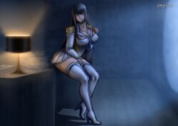 Rule 34 | 1girl, absurdres, ass, black hair, blue eyes, blush, boots, breasts, cleavage cutout, clothing cutout, embarrassed, female focus, formal clothes, high heel boots, high heels, highres, huge ass, kill la kill, kiryuuin satsuki, large breasts, long hair, looking at viewer, military, military uniform, night, nipples, sailor, sailor collar, sailor shirt, shirt, solo, suit, teasing, thick thighs, thighhighs, thighs