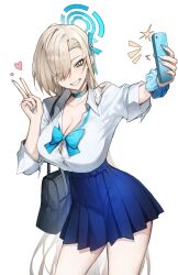 1girl asuna_(blue_archive) asuna_(school_uniform)_(blue_archive) bag blonde_hair blue_archive blue_eyes blue_halo blue_skirt breasts choker cleavage collarbone grin hair_over_one_eye hair_ribbon halo highres holding holding_phone large_breasts long_hair ninshi one_eye_closed phone pleated_skirt ribbon school_bag selfie shirt skirt sleeves_rolled_up smile solo thighs v very_long_hair white_shirt