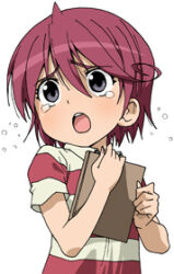 1girl bad_source commentary_request furrowed_brow grey_eyes hair_between_eyes jouzenji_momo lowres maso_(ascii_art) onmyou_taisenki open_mouth pink_hair shirt short_hair short_sleeves simple_background solo striped_clothes striped_shirt tears teeth upper_teeth_only white_background
