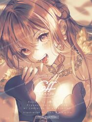 1girl braided_sidelock breasts capelet cleavage commentary_request earrings eyelashes fangs fur-trimmed_capelet fur_trim gold_necklace hair_between_eyes jewelry large_breasts long_hair looking_at_viewer nami_(one_piece) necklace official_alternate_costume official_alternate_hairstyle one_piece open_mouth orange_eyes orange_hair pearl_earrings signature single_sidelock solo tongue tongue_out twitter_username upper_body yellow_capelet yum_xoxo_yum
