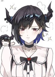 1boy 1girl absurdres asymmetrical_horns black_hair blue_hair breasts brother_and_sister colored_inner_hair crossdressing crystal_horns demon_horns ewn highres hololive hololive_english horns long_hair looking_at_viewer malphis_ii_ravencroft mole mole_under_eye multicolored_hair nerissa_ravencroft red_eyes siblings solo_focus two-tone_hair uneven_horns virtual_youtuber