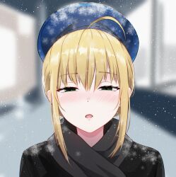 1girl ahoge artoria_pendragon_(fate) black_jacket blonde_hair blue_hair blush commentary danraz0r english_commentary fate_(series) green_eyes grey_scarf highres jacket looking_at_viewer open_mouth portrait saber_(fate) scarf sidelocks snowing solo