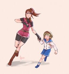 Rule 34 | 2girls, blonde hair, blue eyes, brown hair, claire redfield, fingerless gloves, gloves, headband, long sleeves, lovers nero, multiple girls, ponytail, resident evil, resident evil 2, sherry birkin, short sleeves, shorts