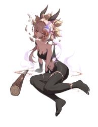 1girl binghaiankang blood bloody_tears breasts broken_mask brown_hair cleavage club_(weapon) colored_extremities colored_skin corruption direidyth_(genshin_impact) flower genshin_impact hair_flower hair_ornament highres hilichurl_(genshin_impact) long_hair looking_at_viewer mask medium_breasts multicolored_skin navel nude purple_eyes simple_background sitting spoilers toes wariza weapon white_background white_flower