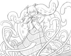 Rule 34 | 1girl, buttons, drill hair, emily (mon-musu quest!), fantasy, female focus, greyscale, hand on own hip, jingai modoki, long hair, long skirt, long sleeves, looking to the side, mon-musu quest!, monochrome, monster girl, neck ribbon, ribbon, scylla, skirt, smirk, solo, tentacle hair, tentacles, torotoro resistance, white background