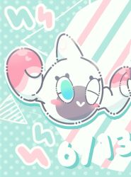 ;&gt; aqua_eyes blush blush_stickers closed_mouth commentary_request dated eyelashes gen_4_pokemon highres kirrim nintendo no_humans one_eye_closed outline pokemon pokemon_(creature) pokemon_focus pokemon_swsh rotom rotomi smile white_outline