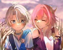 1girl aged_down blue_eyes choker closed_mouth coat commentary cyrene_(honkai:_star_rail) dress english_commentary hair_ornament highres honkai:_star_rail honkai_(series) medium_hair nrnk0110 open_mouth outdoors phainon_(honkai:_star_rail) pink_hair purple_coat purple_sky shirt short_hair sky smile wheat_field white_choker white_dress white_hair white_shirt