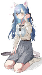 1girl absurdres animal_ears bang_dream! bang_dream!_it&#039;s_mygo!!!!! black_ribbon blue_hair breasts cat_ears cat_girl cat_tail commentary grey_skirt hair_ribbon highres kemonomimi_mode long_hair long_sleeves medium_breasts neck_ribbon no_shoes ribbon roro1515 shirt sidelocks sitting skirt socks solo tail togawa_sakiko tucking_hair white_shirt white_socks yellow_eyes