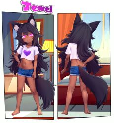1girl absurdres animal_ear_fluff animal_ears ass bad_tag barefoot black_hair blue_shorts character_name closed_mouth crop_top dark_skin day denim denim_shorts flat_chest fox_ears fox_girl fox_tail from_behind full_body hair_between_eyes hand_on_own_hip hand_on_own_thigh heart highres indoors long_hair looking_at_viewer moneymop multiple_views navel original outside_border pink_eyes pink_pupils reference_sheet shirt short_shorts short_sleeves shorts smile standing tail tan turnaround very_long_hair white_shirt