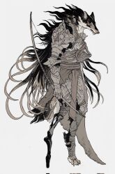 1other ambiguous_gender androgynous animal_ears armor black_fur black_hair bow_(weapon) cape commentary corrupted_twitter_file facing_to_the_side from_side full_armor full_body gauntlets hatching_(texture) highres holding holding_bow_(weapon) holding_weapon long_hair looking_ahead mane muted_color original ornate_armor prosthesis prosthetic_leg simple_background solo symbol-only_commentary tail tanuki_lll torn_cape torn_clothes weapon white_background white_eyes white_fur wolf_ears wolf_tail