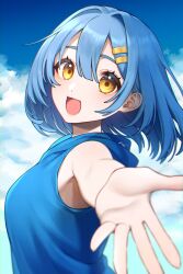 Rule 34 | 1girl, :d, absurdres, bare arms, bare shoulders, blue hair, blue hoodie, blue sky, brown eyes, cloud, commentary request, day, eyebrows hidden by hair, hair between eyes, hair intakes, hair ornament, hairclip, highres, hood, hood down, hoodie, looking at viewer, looking to the side, open mouth, original, outdoors, sakura chiyo (konachi000), signature, sky, sleeveless, sleeveless hoodie, smile, solo, thick eyebrows, upper body
