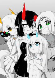 1other 4girls absurdres art_study barcode barcode_tattoo bare_shoulders blue_eyes blue_horns broken_horn cake cheek_tattoo china_dress chinese_clothes collared_shirt dragon dragon_horns dress eastern_dragon fang food gloves greyscale grin hair_between_eyes hair_ribbon highres holding holding_cake holding_food horns long_hair monochrome multiple_girls open_mouth orange_eyes orange_ribbon original parted_lips pleated_skirt pointy_ears red_horns ribbon shirt skin_fang skirt sleeveless sleeveless_dress smile spot_color sweatdrop tail tattoo two_side_up v-san_(xhhh3553)
