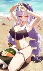 Rule 34 | 1girl, alternate costume, armpits, arms up, beach, bikini, black bikini, black nails, bracelet, breasts, day, drill hair, eous (zenless zone zero), gem, hairband, highres, jewelry, long hair, majo (pastamajo), medium breasts, mole, mole under eye, multicolored hair, nail polish, navel, necklace, ocean, parted lips, pointy ears, purple gemstone, purple hair, purple hairband, red eyes, shadow, solo, squatting, stomach, streaked hair, swimsuit, thigh strap, toenail polish, toenails, v, vivian banshee, white hair, zenless zone zero