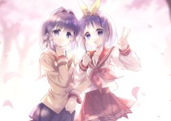 Rule 34 | 2girls, absurdres, arm up, black skirt, blue eyes, brown shirt, cherry blossoms, clannad, crossover, fujibayashi ryou, hair intakes, highres, hiiragi tsukasa, itano slime, locked arms, looking at viewer, lucky star, multiple girls, outdoors, petals, pleated skirt, purple hair, red skirt, ribbon, sailor collar, school uniform, serafuku, shirt, short hair, skirt, smile, tree, v, white ribbon, white shirt, yellow ribbon