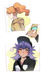 1boy 1girl absurdres aged_down bag baseball_cap blush closed_mouth commentary_request dark-skinned_male dark_skin fingernails green_shirt hat highres holding_hands leon_(pokemon) long_hair nintendo orange_hair pokemon pokemon_(anime) pokemon_journeys pokemon_swsh043 ponytail purple_hair shirt shoulder_bag sonia_(pokemon) sweatdrop yellow_eyes youchengyan