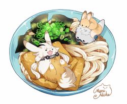 10s aburaage animalization artist_name bowl food food_focus in_food kitsune_udon kogitsunemaru long_hair maruneko nakigitsune nakigitsune&#039;s_fox no_humans noodles open_mouth partially_submerged rabbit signature simple_background smile touken_ranbu udon very_long_hair white_background