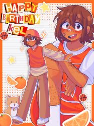 1boy alternate_costume ball bandaid bandaid_on_face bandaid_on_nose basketball_(object) blush brown_eyes brown_hair brown_pants character_name closed_mouth dark-skinned_male dark_skin dog donuqx food fruit happy_birthday hector_(omori) highres kel_(faraway)_(omori) kel_(omori) looking_at_viewer male_focus omori open_mouth orange_(fruit) orange_sweater_vest pants shirt shoes short_hair smile socks solo sparkle sweater_vest t-shirt teeth upper_teeth_only white_shirt white_shoes white_socks