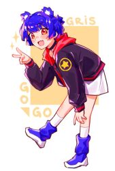 Rule 34 | 1girl, :d, animal ear fluff, animal ears, bear ears, bear girl, bent over, black choker, black jacket, blue hair, blue leg warmers, blue shoes, blunt bangs, blunt ends, blunt sidelocks, blush, blush stickers, choker, commentary, copyright name, dress, english commentary, eyebrows hidden by hair, fang, foot up, from side, full body, go! go! gris!, grin, gris (go! go! gris!), hair intakes, half updo, hand on own knee, hand up, happy, head tilt, hood, hood down, hooded jacket, invisible floor, jacket, kazuont, kneehighs, leaning forward, leg warmers, long eyelashes, long sleeves, looking at viewer, looking to the side, multicolored jacket, open clothes, open jacket, open mouth, patch, ponytail, puffy long sleeves, puffy sleeves, raised eyebrows, red eyes, red jacket, red trim, shoes, short dress, short hair, short ponytail, shoulder patch, sidelocks, slip-on shoes, smile, socks, solo, sparkle, standing, standing on one leg, star (symbol), star print, thick eyelashes, turning head, two-sided fabric, two-sided jacket, two-tone jacket, v, white background, white dress, white socks, wide-eyed, yellow background