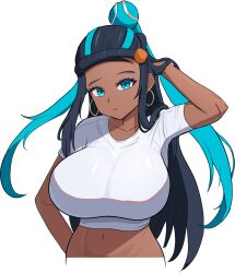 1girl aqua_hair black_hair breasts crop_top cropped_torso dark_skin from_above hand_in_own_hair highres huge_breasts impossible_clothes linea_alba looking_at_viewer makeup nessa_(pokemon) nintendo non-web_source pokemon pokemon:_twilight_wings pokemon_(anime) pokemon_swsh self-upload shirt solo tight_clothes white_background white_shirt yissou_art