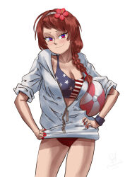 1girl absurdres american_flag american_flag_bikini american_flag_print bikini bikini_under_clothes braid flag_print flag_print_bikini flower flower_hairband hair_flower hair_ornament hands_on_own_hips highres hood hoodie jacket kantai_collection long_hair looking_at_viewer mismatched_bikini nail_polish nevada_(kancolle) nevada_kai_(kancolle) nevada_kai_mod.2_(swimsuit)_(kancolle) one-hour_drawing_challenge partially_unzipped print_bikini red_eyes red_hair red_nails ron_(pixiv83091338) simple_background single_braid smile solo swimsuit white_background white_hoodie white_jacket