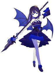 1girl arm_up asymmetrical_legwear black_hair blue_choker blue_eyes blue_flower blue_hair blue_pantyhose blue_rose blue_skirt blue_theme blue_wings bright_pupils choker closed_mouth commission cross crossed_legs crown demon_wings detached_sleeves dress fishnet_thighhighs fishnets flower frilled_choker frills grey_background halterneck highres holding holding_polearm holding_weapon long_hair low_wings mismatched_legwear multicolored_hair off-shoulder_dress off_shoulder original pantyhose plant polearm riuichi rose simple_background single_thighhigh skeb_commission skirt solo spear streaked_hair striped_clothes striped_pantyhose striped_thighhighs thighhighs thorns vertical-striped_clothes vertical-striped_pantyhose vines watson_cross weapon white_pupils wings
