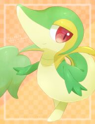 alopias check_commentary closed_mouth commentary_request dated gen_5_pokemon half-closed_eyes highres nintendo no_humans pokemon pokemon_(creature) red_eyes smile snivy solo standing twitter_username