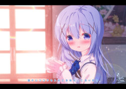 1girl :d blue_bow blue_eyes blue_hair blue_vest blurry blurry_background blush bow chinomaron collared_shirt commentary_request cup depth_of_field employee_uniform gochuumon_wa_usagi_desu_ka? hair_between_eyes hair_ornament highres holding holding_cup indoors kafuu_chino letterboxed long_hair long_sleeves looking_at_viewer looking_to_the_side mug open_mouth puffy_long_sleeves puffy_sleeves shirt signature sleeves_past_wrists smile solo sunlight translation_request twitter_username upper_body vest waitress white_shirt window x_hair_ornament