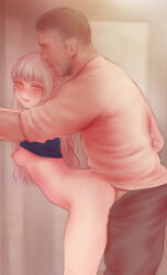 1boy 1girl against_wall blunt_bangs blush breasts dungeon_meshi elf facial_hair from_side hetero highres long_hair looking_back milsiril_(dungeon_meshi) nipples open_mouth pants pointy_ears scar scar_on_leg sex sex_from_behind shirt short_hair shpo simple_background small_breasts standing standing_sex thighs white_hair yellow_eyes