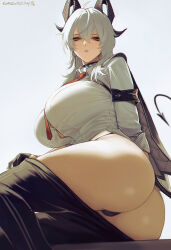 1girl ahoge armband artist_name ass black_armband black_choker black_gloves black_horns black_jacket black_panties black_pants black_tail breasts button_gap cameltoe chest_harness choker closed_mouth clothes_pull commentary curled_horns curvy demon_tail earrings gloves hair_between_eyes harness highres horns jacket jacket_on_shoulders jewelry key_earrings large_breasts looking_at_viewer mole mole_under_eye necktie panties pants pants_pull red_eyes red_necktie shirt simple_background single_earring solo tail thighs tomatoketchup96 underwear white_background white_hair white_shirt wuthering_waves zani_(wuthering_waves)
