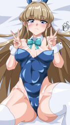 1girl animal_ear_hairband animal_ears aqua_bow aqua_bowtie blonde_hair blue_archive blue_eyes blue_leotard bow bowtie breasts buttons cameltoe commentary_request detached_collar double-breasted fake_animal_ears hairband leotard long_hair medium_breasts playboy_bunny rabbit_ears sankakukin_gear solo spread_legs strapless strapless_leotard thighhighs toki_(blue_archive) toki_(bunny)_(blue_archive) white_thighhighs wrist_cuffs