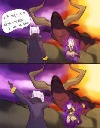 2girls absurdres aura closed_eyes coat commentary dab_(dance) dark_aura dragon english_text eye_contact female_robin_(fire_emblem) fire_emblem fire_emblem_awakening gloves grima_(fire_emblem) highres kneeling looking_at_another multiple_girls nintendo p_(panago) short_twintails silver_hair speech_bubble spoilers twintails