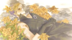 Rule 34 | 1boy, black cape, black gloves, black vest, blonde hair, cape, chest strap, closed eyes, cloud strife, final fantasy, final fantasy vii, final fantasy vii advent children, flower, gloves, highres, lily (flower), lying, male focus, nkcupinfantasy, on back, popped collar, short hair, single bare shoulder, solo, spiked hair, upper body, vest, waist cape, yellow flower