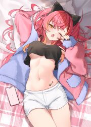 1girl animal_ears arm_up bare_shoulders black_nails black_shirt blanket breasts camisole cellphone commentary_request crop_top crop_top_overhang fake_animal_ears hairband hand_up highres jacket large_breasts long_sleeves lying midriff multicolored_hair multicolored_jacket nail_polish navel nekota_tsuna on_back one_eye_closed open_mouth orange_eyes phone pillow pink_jacket red_hair shirt short_shorts shorts sleeveless sleeveless_shirt smartphone solo spaghetti_strap stomach strap_slip streaked_hair thighs two-tone_jacket two_side_up underboob virtual_youtuber vspo! white_shorts z.m._(zimin)