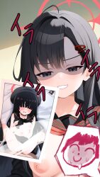 1girl ahoge ai-generated asymmetrical_bangs black_hair black_shirt blue_archive breasts collarbone doodle_sensei_(blue_archive) halo highres holding holding_photo ichika_(blue_archive) justice_task_force_member_(blue_archive) kiriyuki_(azikaban1532) light_censor looking_at_viewer medium_breasts missionary neckerchief nipples photo_(object) red_halo red_neckerchief school_uniform sensei_(blue_archive) serafuku sex shaded_face shirt solo spoken_expression spread_legs sweatdrop