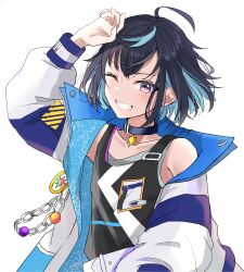 1boy absurdres ahoge arm_up black_choker choker ensemble_stars! highres jacket long_sleeves looking_at_viewer male_focus medium_hair multicolored_hair multicolored_jacket one_eye_closed open_clothes open_jacket pomemi purple_eyes sagiri_esu simple_background smile solo tank_top two-tone_hair upper_body white_background
