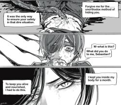 2boys after_birth bishounen black_hair blood butler ciel_phantomhive crying crying_with_eyes_open earrings ena33333333 english_text eyelashes eyepatch greyscale hair_between_eyes highres implied_male_pregnancy jewelry kuroshitsuji male_focus monochrome multiple_boys ring sebastian_michaelis short_hair speech_bubble tareme tears