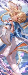 1girl back_bow blonde_hair blue_bow bow bowtie breasts cleavage dark-skinned_female dark_elf dark_skin detached_sleeves dress elf falling_petals gloves half_gloves high_ponytail highres hololive large_breasts long_hair long_pointy_ears looking_at_viewer maison_de_cante median_furrow multicolored_hair open_mouth petals pointy_ears ponytail purple_petals red_bow red_bowtie red_eyes shiranui_flare shiranui_flare_(1st_costume) sidelocks solo streaked_hair thighhighs virtual_youtuber water white_dress white_gloves white_thighhighs