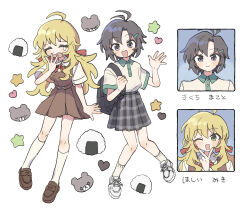 2girls ahoge antenna_hair backpack bag bear belt black_eyes black_hair blonde_hair bow character_name collared_shirt dress food green_eyes hair_bow hair_ornament hairclip heart highres holding holding_bag hoshii_miki idolmaster idolmaster_(classic) kikuchi_makoto kneehighs loafers long_hair looking_at_viewer low_twintails multiple_girls neck_ribbon one_eye_closed onigiri open_hand open_mouth pleated_skirt pnt_0202 ribbon shirt shoes short_hair skirt smile sneakers socks star_(symbol) teardrop tomboy twintails white_sneakers yawning