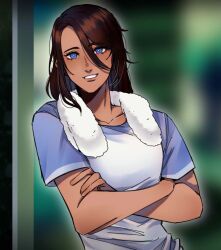 1boy black_button-up blue_eyes braid brown_hair brown_loafers college_student dark_blue_vest dark_skin gelbooru_compliant he/him highres jericho_ichabod_(the_kid_at_the_back) long_hair looking_at_viewer loose_strands pants portrait serious_expression solo the_kid_at_the_back