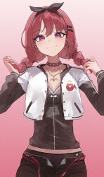 1girl absurdres black_hairband braid breasts brown_choker choker cleavage gradient_background hairband highres jacket jewelry looking_at_viewer mac_star necklace original pink_background red_hair small_breasts smile solo twin_braids white_jacket