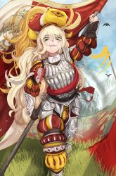 1girl :d absurdres armor bird blonde_hair blue_sky dagger empire_(warhammer_fantasy) flag grass green_eyes grin highres holding holding_flag knife long_hair looking_at_viewer mountainous_horizon open_mouth outdoors scar scar_across_eye scar_on_face sheath sheathed sky smile solo standing warhammer_fantasy wavy_hair weapon what1lkka